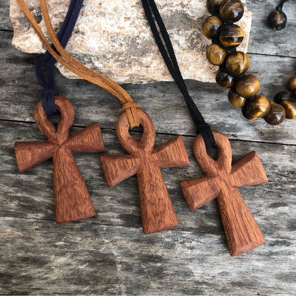 Hand-Carved Mahogany Wooden Ankh Necklace - Picture 8 of 9